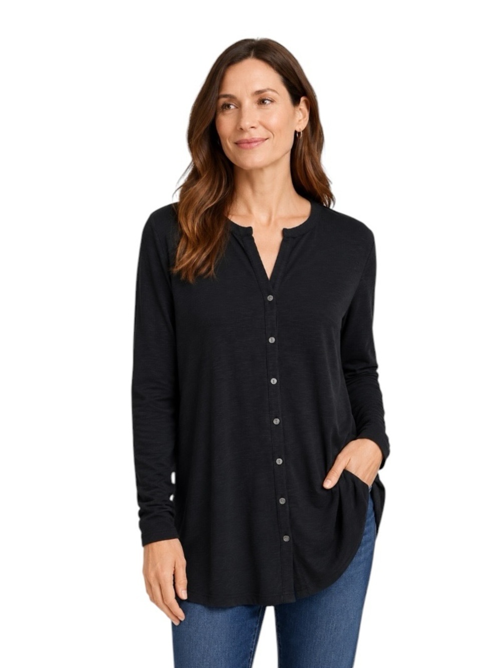 J. Jill - NWT Black Pima Cotton Button Front Long Sleeve Tunic Top Sz L